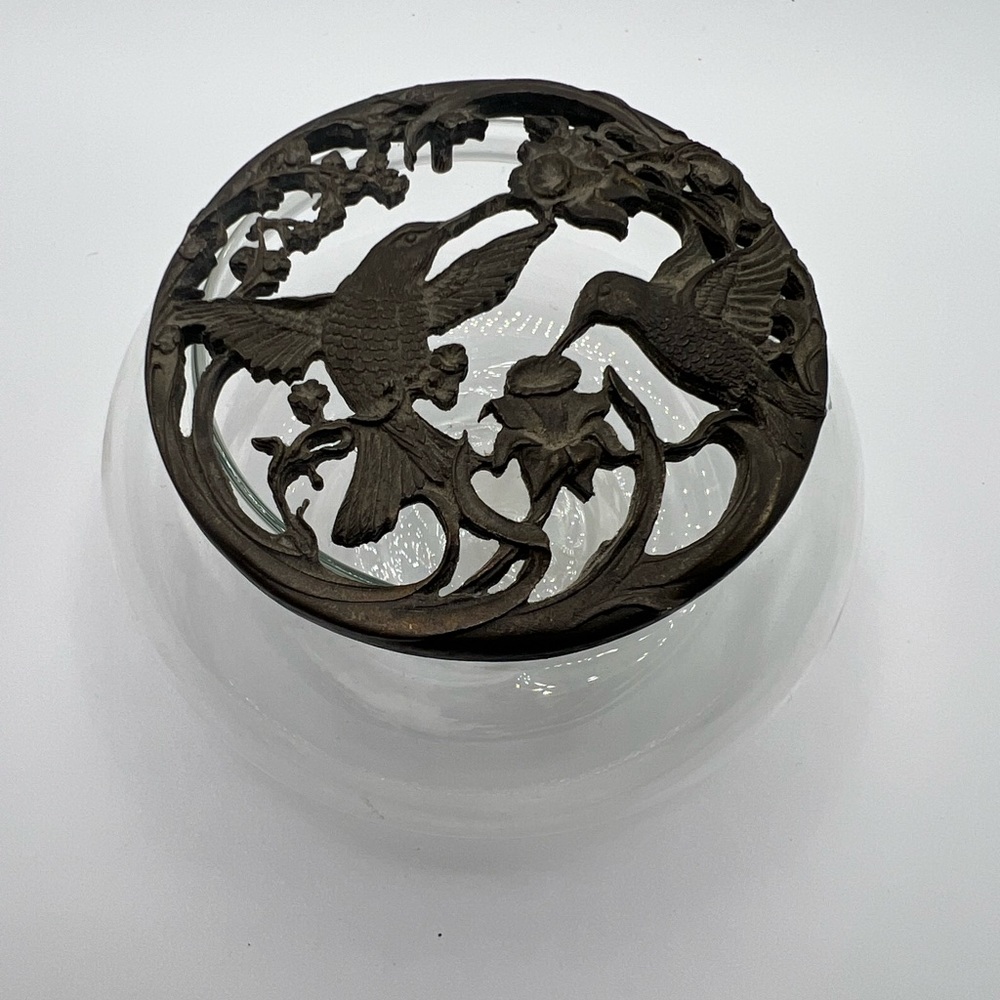 RAWCLIFFE 1989 small pewter Hummingbird lid glass trinket box potpourri holder